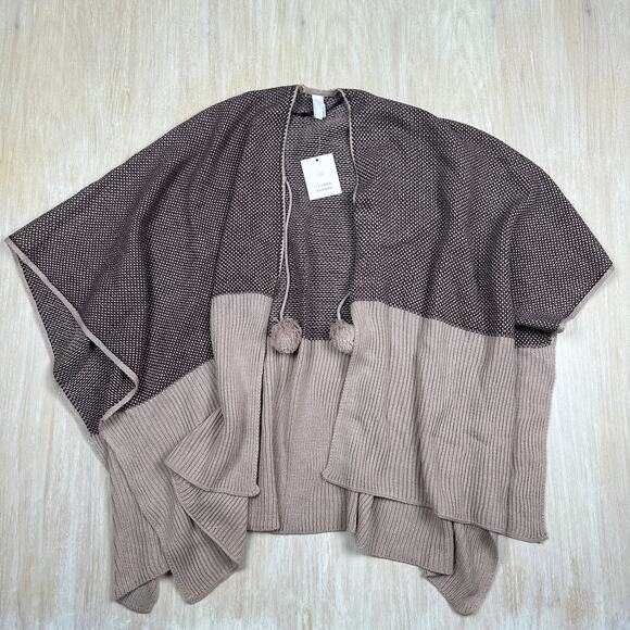 NWT LC Lauren Conrad Poncho Sweater Shrug Colorblock Boho Pom Pom Tie Front OS - Picture 1 of 12